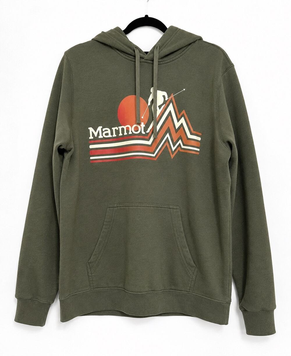 Marmot Retro Mountain Graphic Hoodie Olive Green Pullover Large